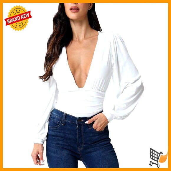 Other - Long Sleeve Bodysuit Deep V Neck Ruched Tops Slim Fit Polyester